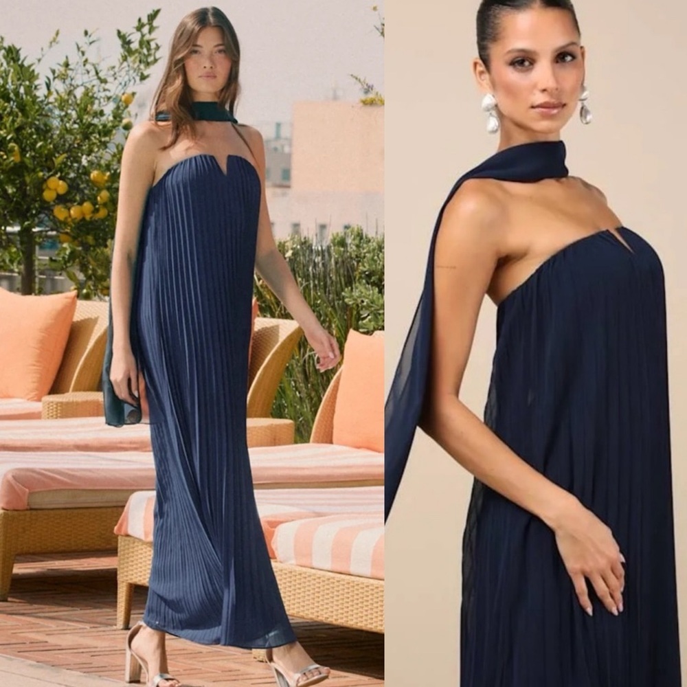 Navy Pleated Strapless Maxi Dress with Scarf Detail